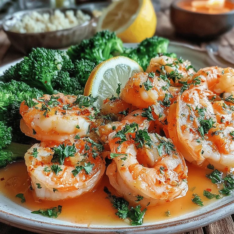 Zesty Lemon Garlic Shrimp & Broccoli close up showing texture and detail
