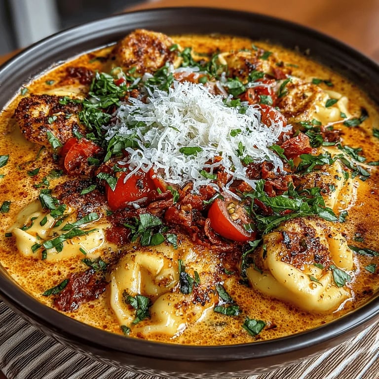 Comfort in a Bowl: Tomato Basil Tortellini Soup Recipe close up showing texture and detail