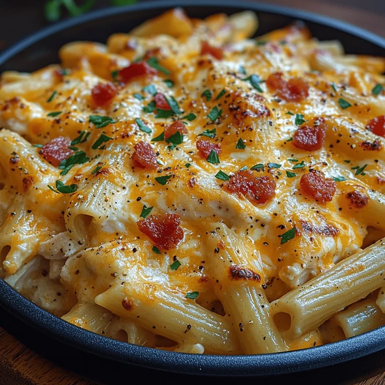 Creamy Chicken Bacon Ranch Pasta Bake: A Comforting Delight for Every Occasion close up showing texture and detail