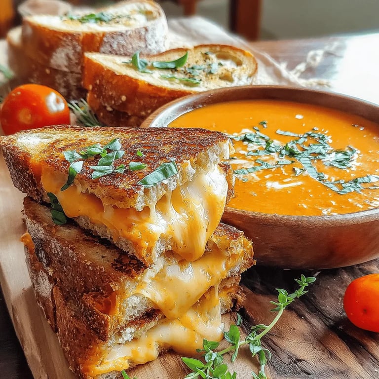 Tomato Bliss Soup & Grilled Cheese Delight close up showing texture and detail