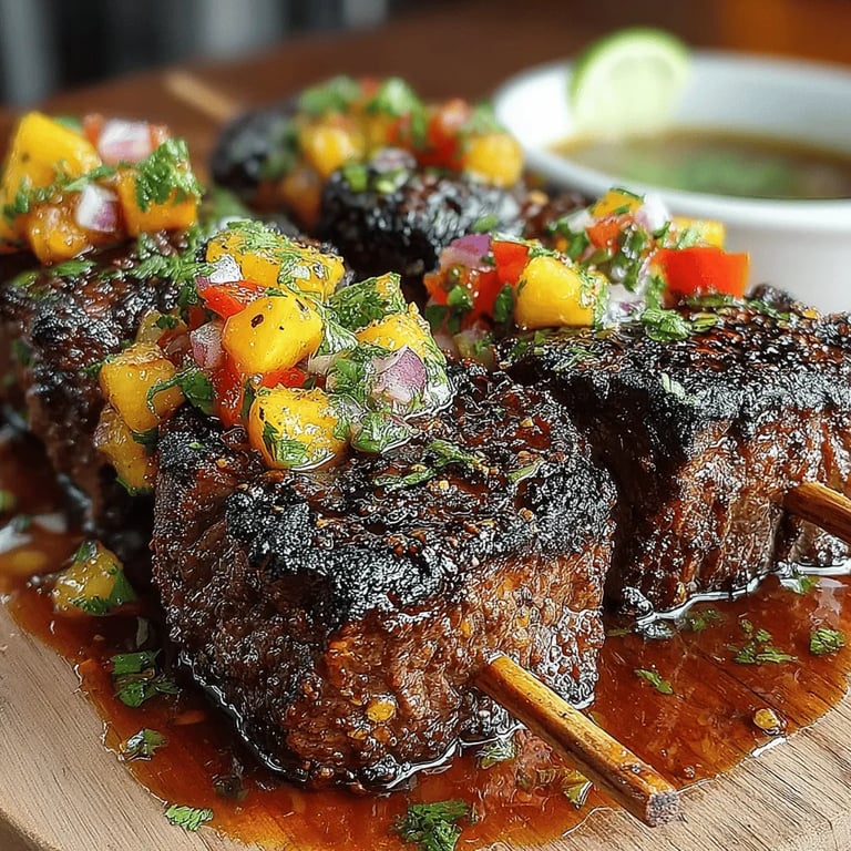Grilled Beef Skewers with Peach Salsa close up showing texture and detail