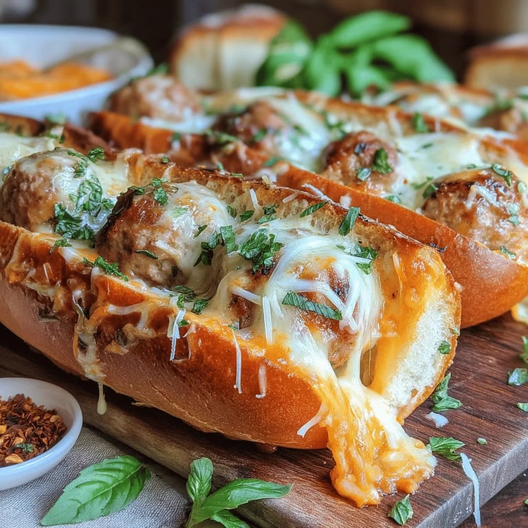 Savory Skillet Garlic Herb Meatball Sub close up showing texture and detail