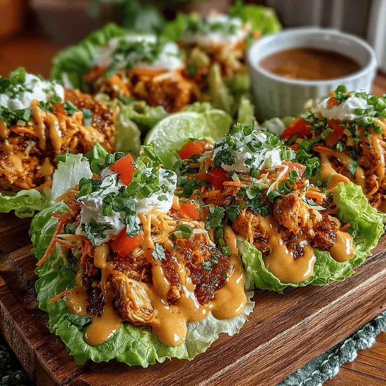 Spicy Thai Peanut Chicken lettuce boats: close up showing sauce glistening on chicken and crunchy peanuts
