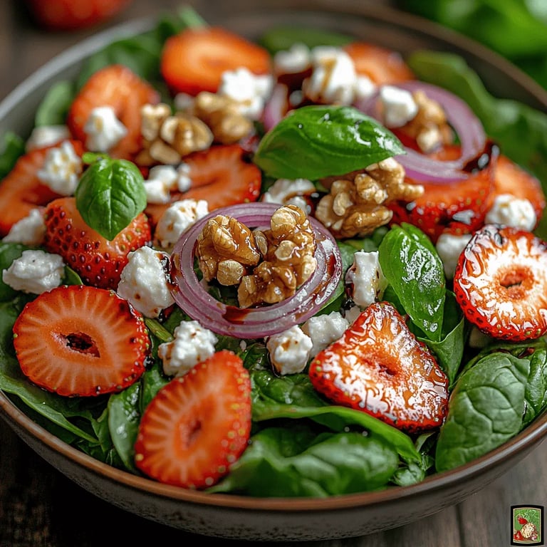 Fresh Strawberry Spinach Salad with Toasted Nuts close up showing texture and detail