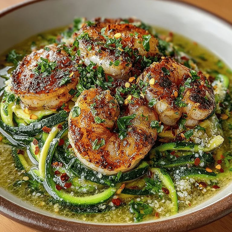 Zesty Lemon Garlic Shrimp with Zoodles close up showing texture and detail
