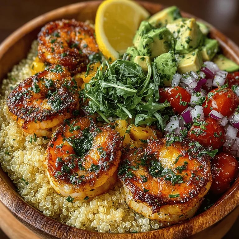Zesty Lemon Herb Shrimp & Quinoa Bowl Recipe close up showing texture and detail