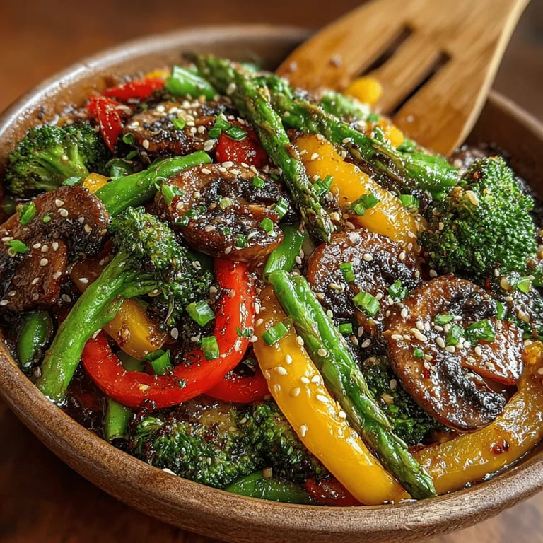 Colorful Crunch Veggie Stir-Fry with Zesty Soy-Ginger Sauce close up showing texture and detail