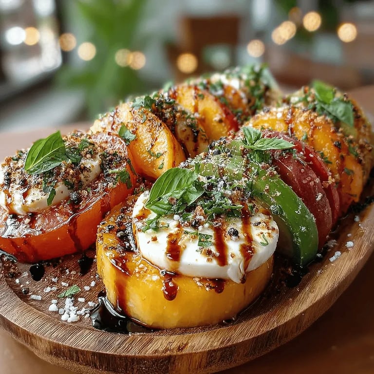 Sweet Summer Peach Caprese Salad close up showing texture and detail