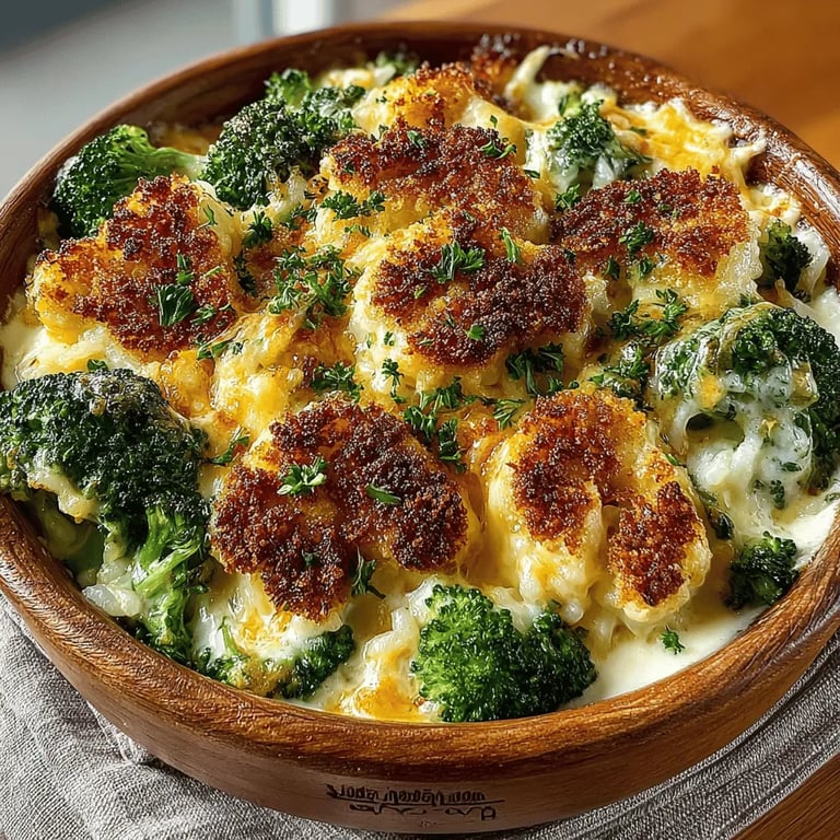 Cozy Cheesy Broccoli and Rice Casserole close up showing texture and detail