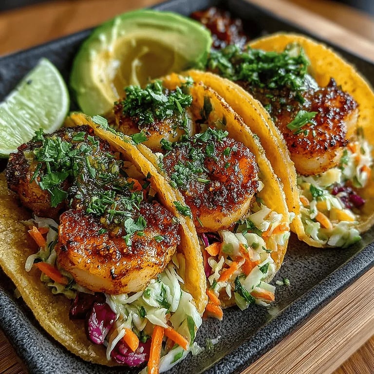 Zesty Shrimp Tacos with Creamy Slaw close up showing texture and detail