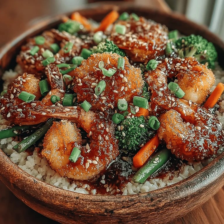 Sweet & Savory Honey Garlic Shrimp Bowls close up showing texture and detail