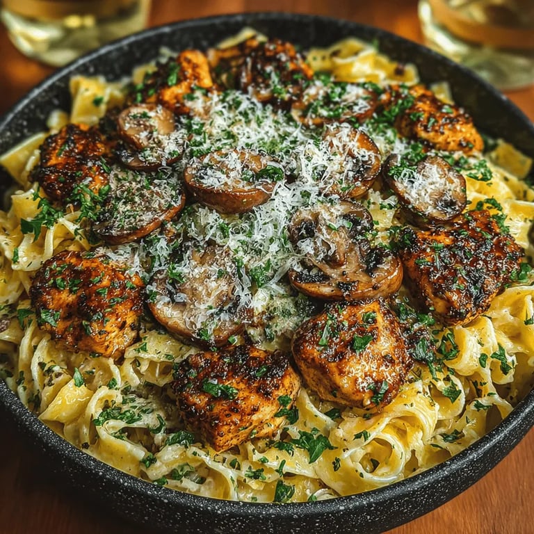 Creamy Dreamy One-Pot Chicken Mushroom Pasta close up showing texture and detail