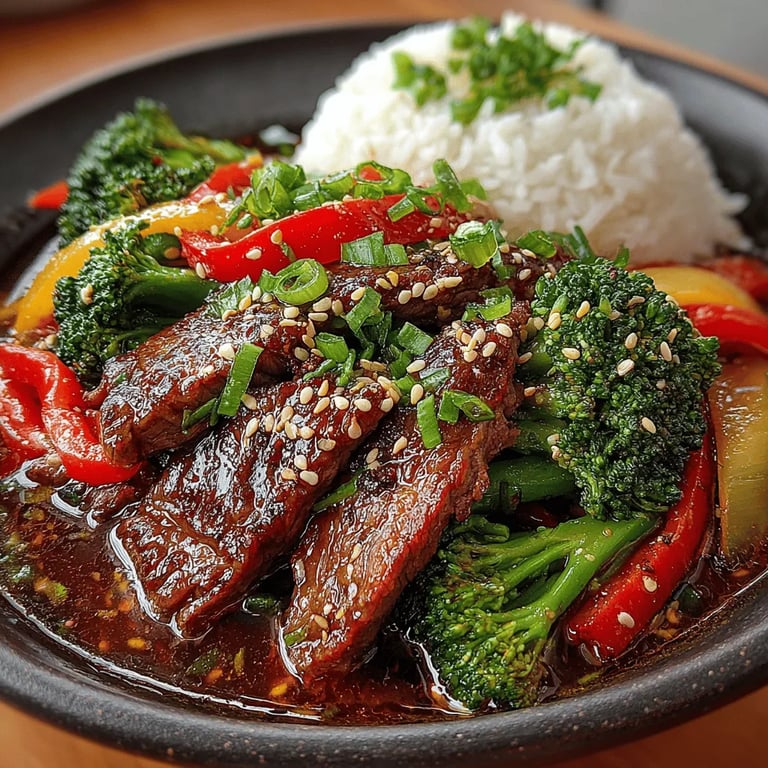Close‑up of Easy Beef and Broccoli Stir-Fry Delight showing tender beef strips and crisp broccoli in a glossy sauce