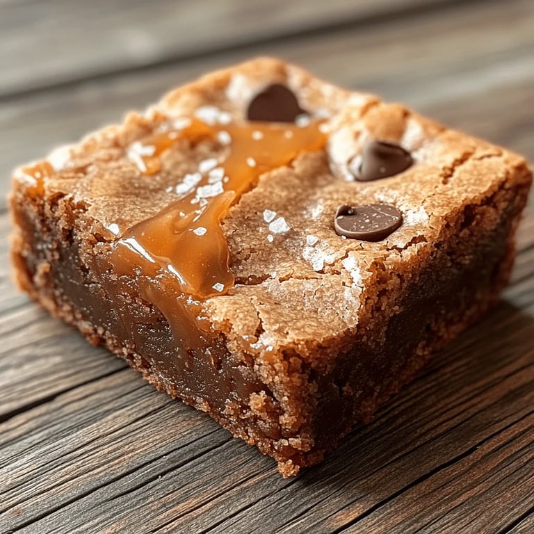 Decadent Salted Caramel Blondies Recipe close up showing texture and detail
