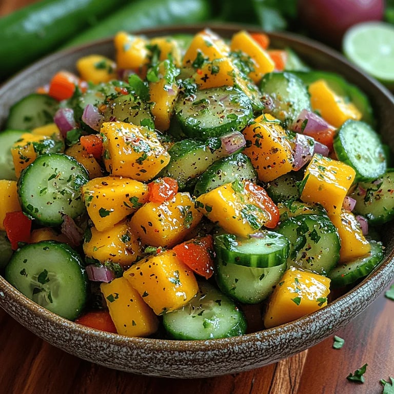 Refreshing Cucumber Mango Salad close up showing texture and detail