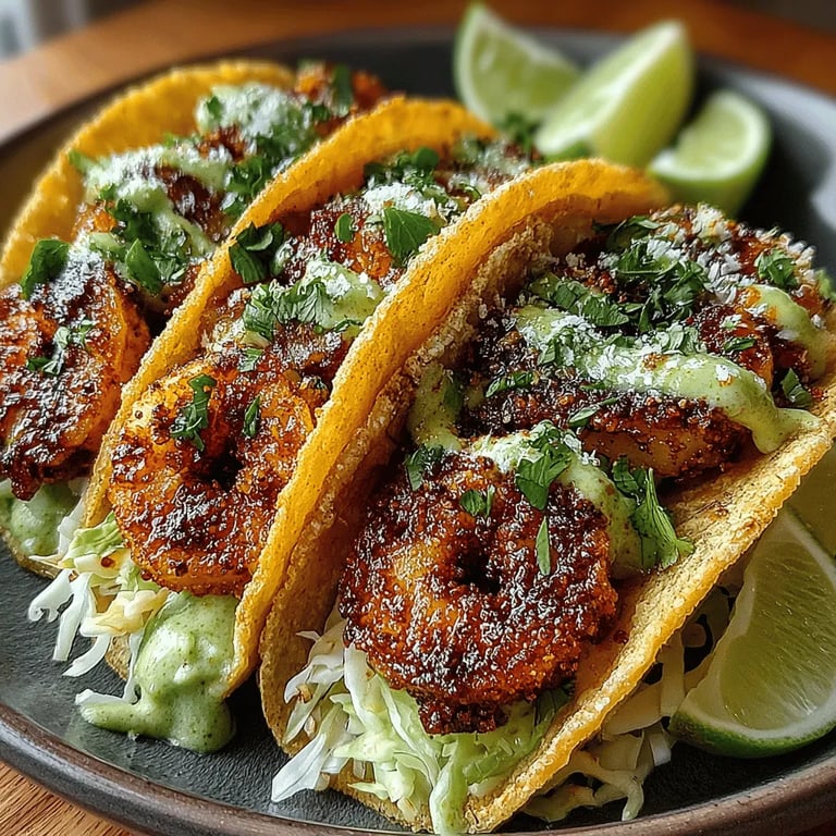 Sizzling Shrimp Tacos with Avocado Lime Bliss close up showing texture and detail