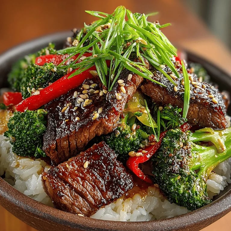 Sizzling Beef and Broccoli Delight close up showing texture and detail