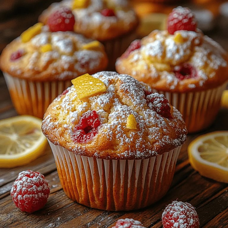 Zesty Lemon Raspberry Bliss Muffins close up showing texture and detail