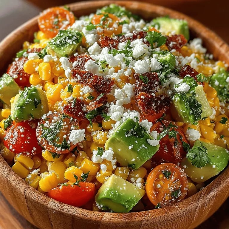Sunny Delight Sweet Corn & Avocado Salad close up showing texture and detail