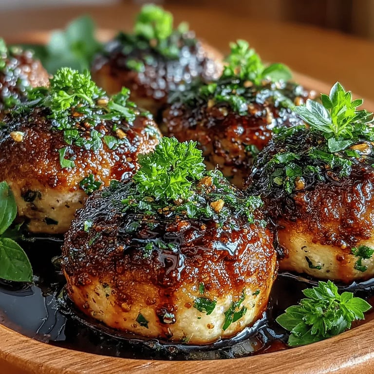 Baked Balsamic Vinaigrette meatballs: close‑up showing glossy glaze and golden crust