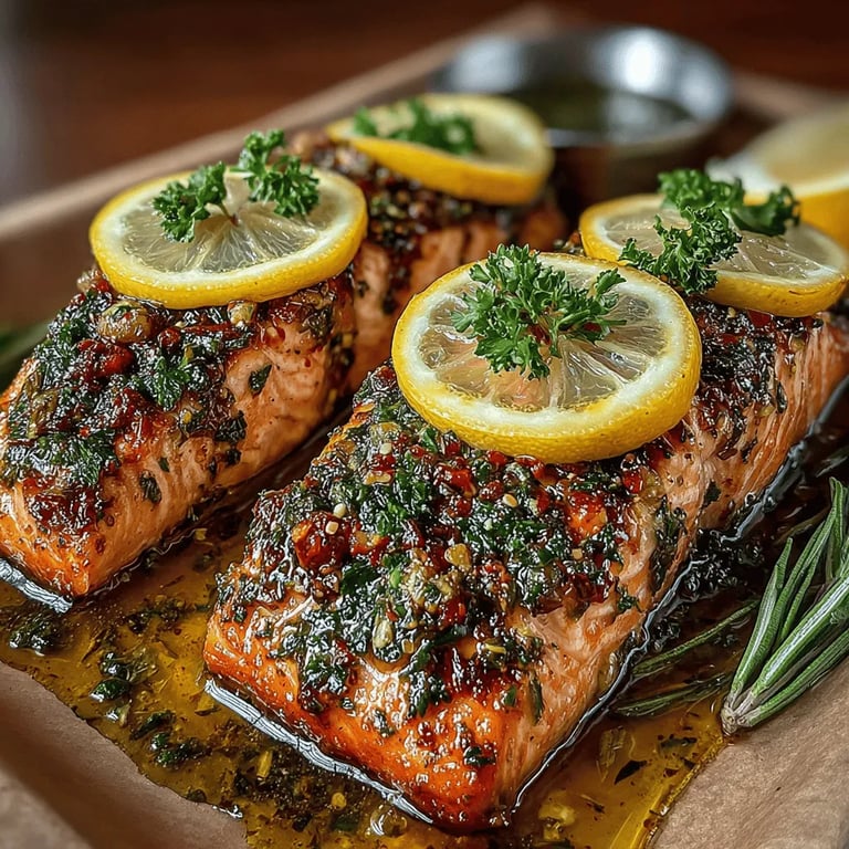 Zesty Lemon Garlic Salmon Delight close up showing texture and detail