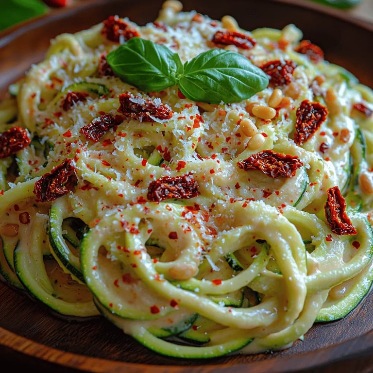 Creamy Sun-Dried Tomato Zoodles: Step-by-Step Guide and Serving Suggestions close up showing texture and detail