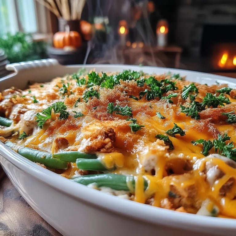 Wholesome Green Bean & Turkey Casserole close up showing texture and detail
