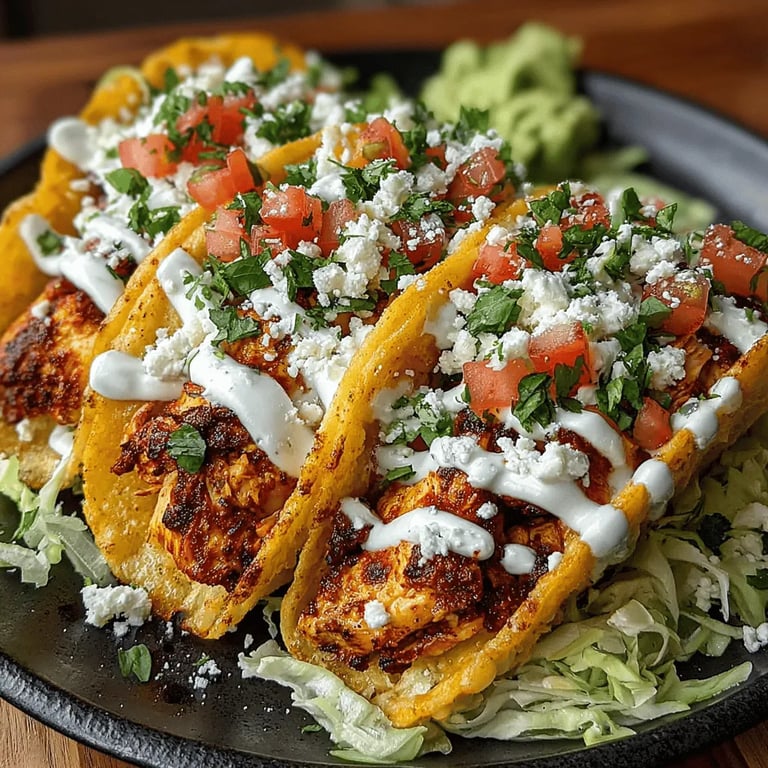 Easy Chicken Tacos with Creamy Avocado Sauce close up showing texture and detail