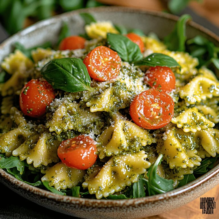 Chilled Pesto Pasta Delight with Cherry Tomatoes: A Refreshing Recipe for Every Occasion close up showing texture and detail