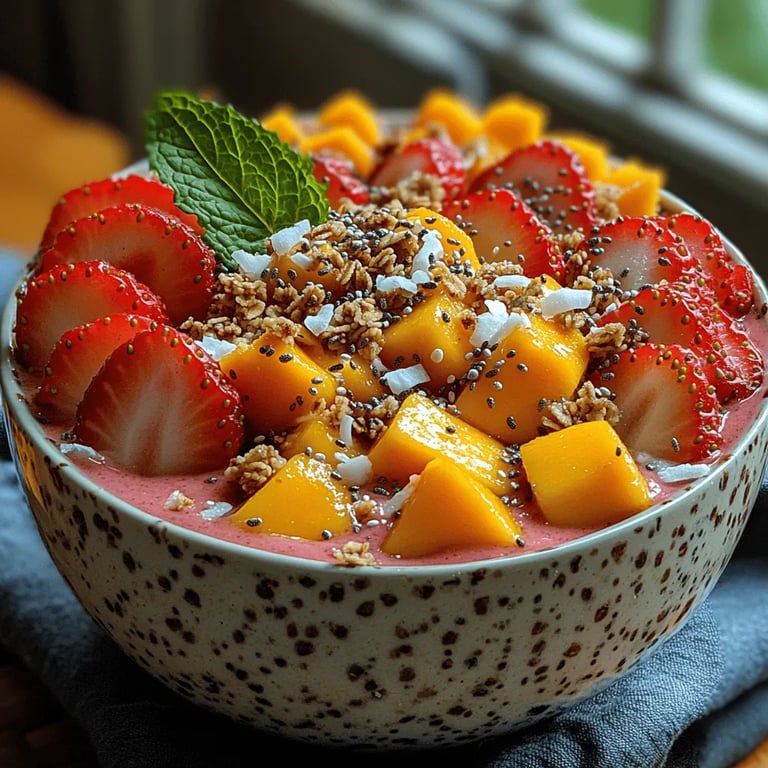 Strawberry Mango Smoothie Bowl close up showing texture and detail