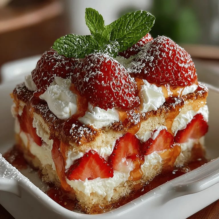 Cool & Creamy Strawberry Shortcake Icebox Cake close up showing texture and detail
