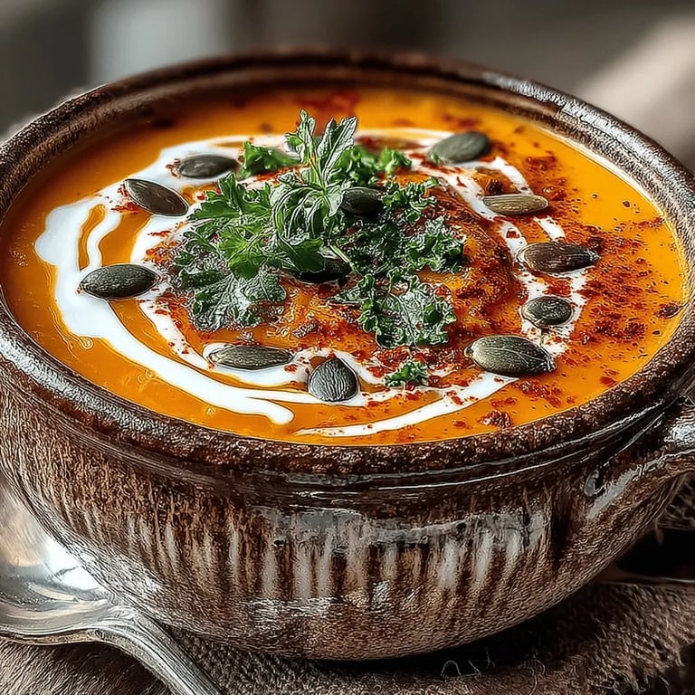 Smoky Maple Roasted Pumpkin Soup close up showing texture and detail