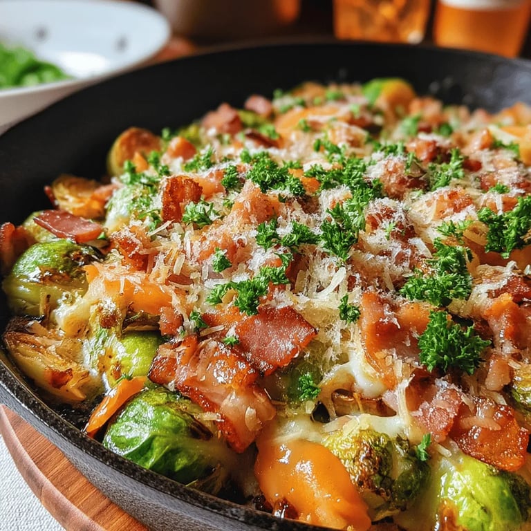 Savory One-Pan Bacon & Brussels Sprout Bake close up showing texture and detail