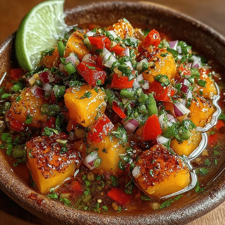 Sweet Peach Salsa with a Zesty Twist close up showing texture and detail