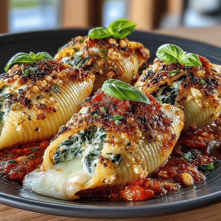 Cheesy Spinach and Mushroom Stuffed Shells: A Delightful Vegetarian Dish close up showing texture and detail