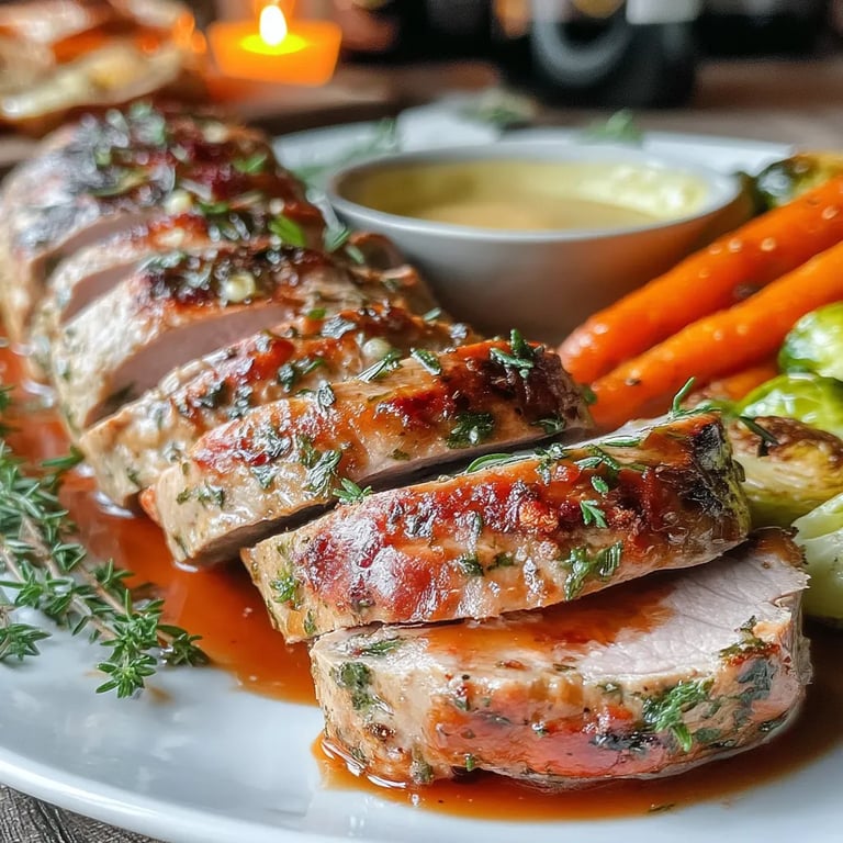 Herb-Encrusted Savory Pork Tenderloin close up showing texture and detail