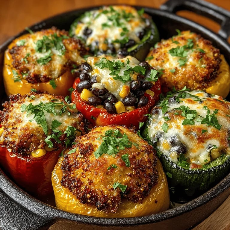 Hearty Vegetable and Quinoa Stuffed Peppers: Recipe Completion close up showing texture and detail