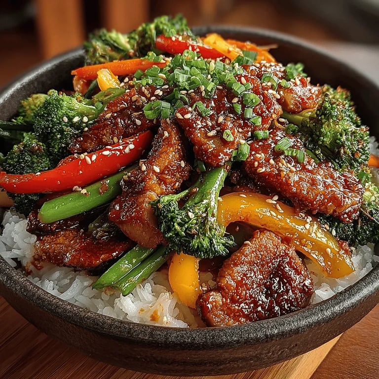 Flavor-Packed Chicken and Veggie Stir-Fry Bowl: A Wholesome Recipe for Busy Nights close up showing texture and detail