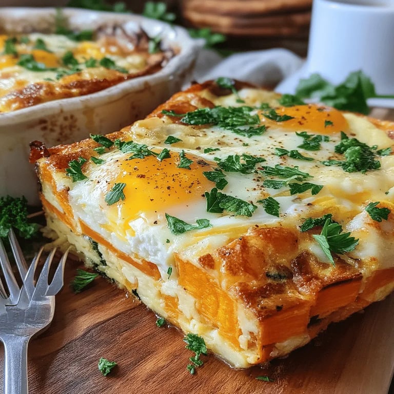 Hearty Sweet Potato Kale Breakfast Casserole close up showing texture and detail