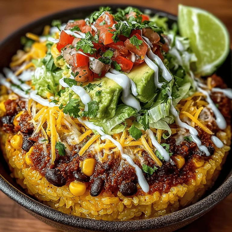 Spicy Taco Rice Bowl Fiesta! close up showing texture and detail