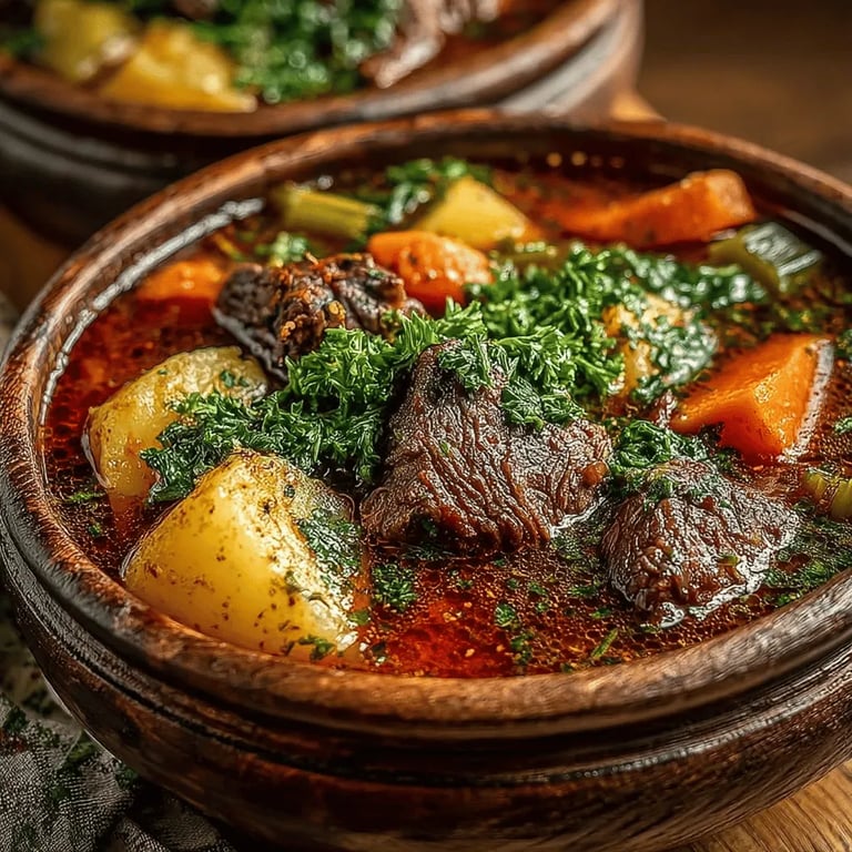 Comforting Hearty Beef and Vegetable Soup close up showing texture and detail