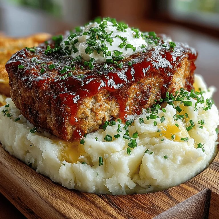 Savory Meatloaf Delight with Buttery Mash close up showing texture and detail