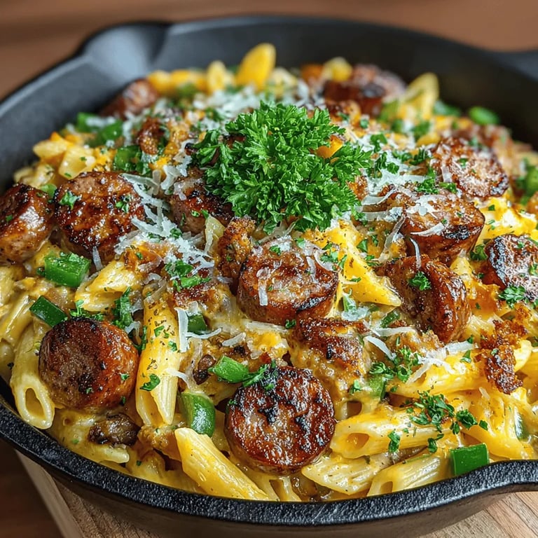Spicy Creamy Cajun Sausage Pasta Skillet Recipe close up showing texture and detail