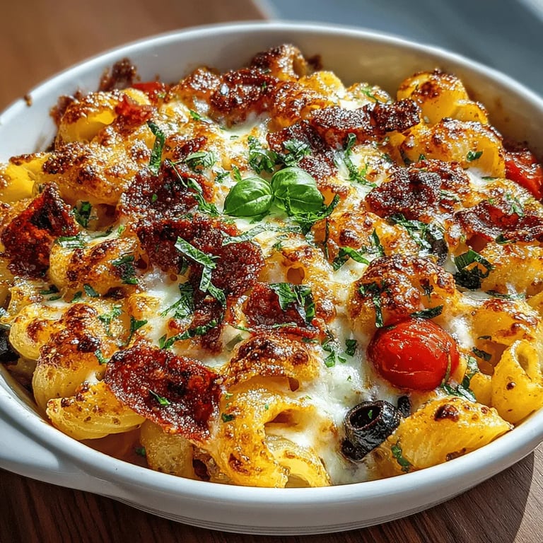 Cheesy Charcuterie Pasta Bake close up showing texture and detail