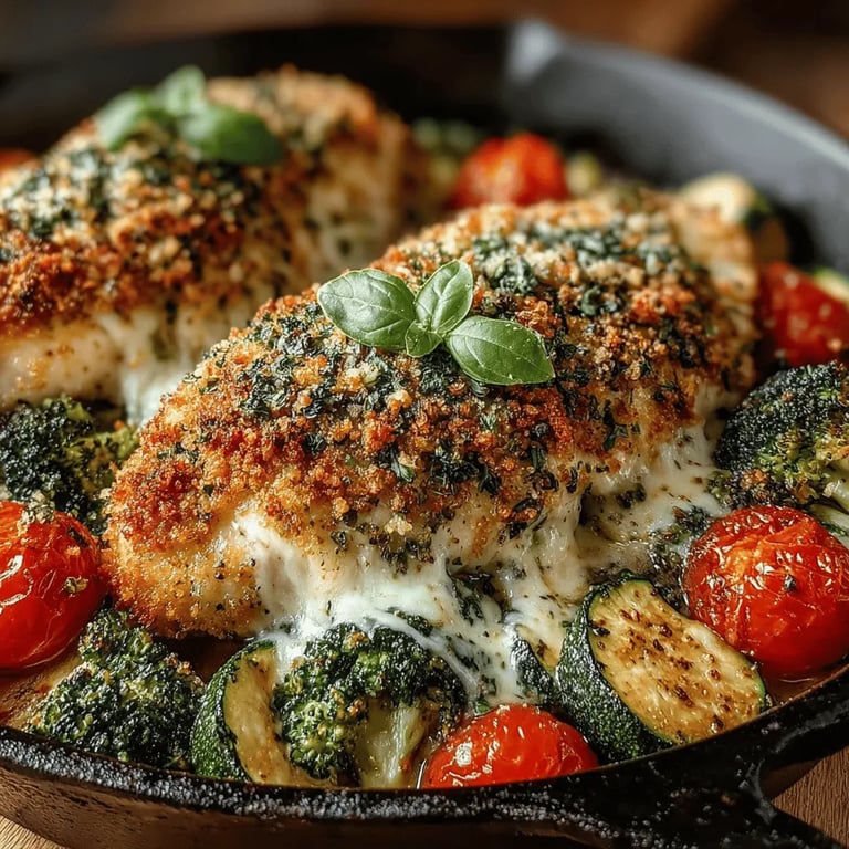 Cheesy Veggie Delight: One-Pan Chicken Bake close up showing texture and detail