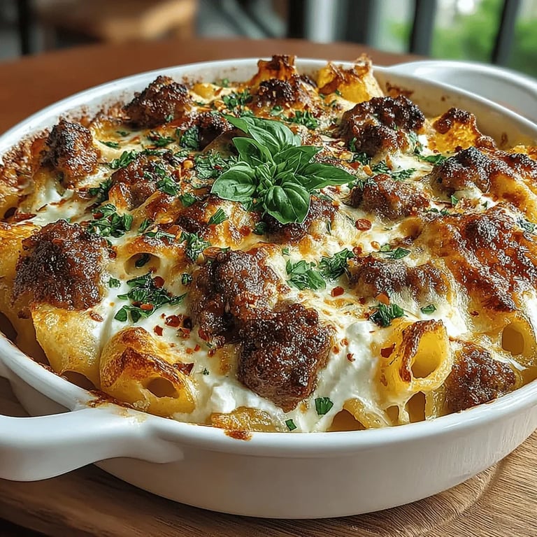 Creamy Baked Penne with Italian Sausage close up showing texture and detail