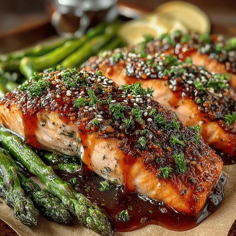 Sweet Harmony: One-Pan Honey Garlic Salmon & Asparagus close up showing texture and detail