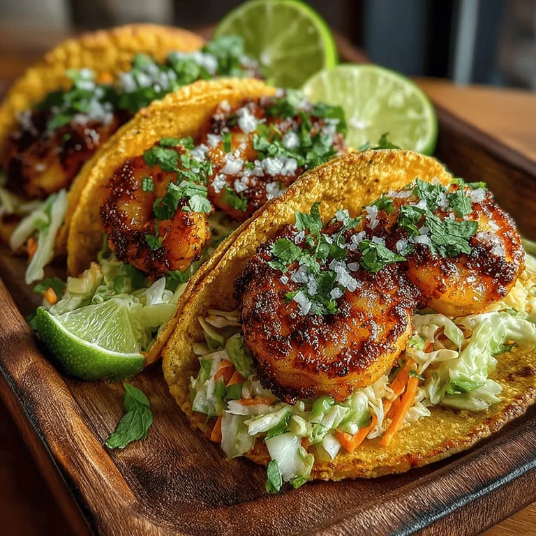 Zesty Citrus Shrimp Tacos with Crunchy Slaw close up showing texture and detail