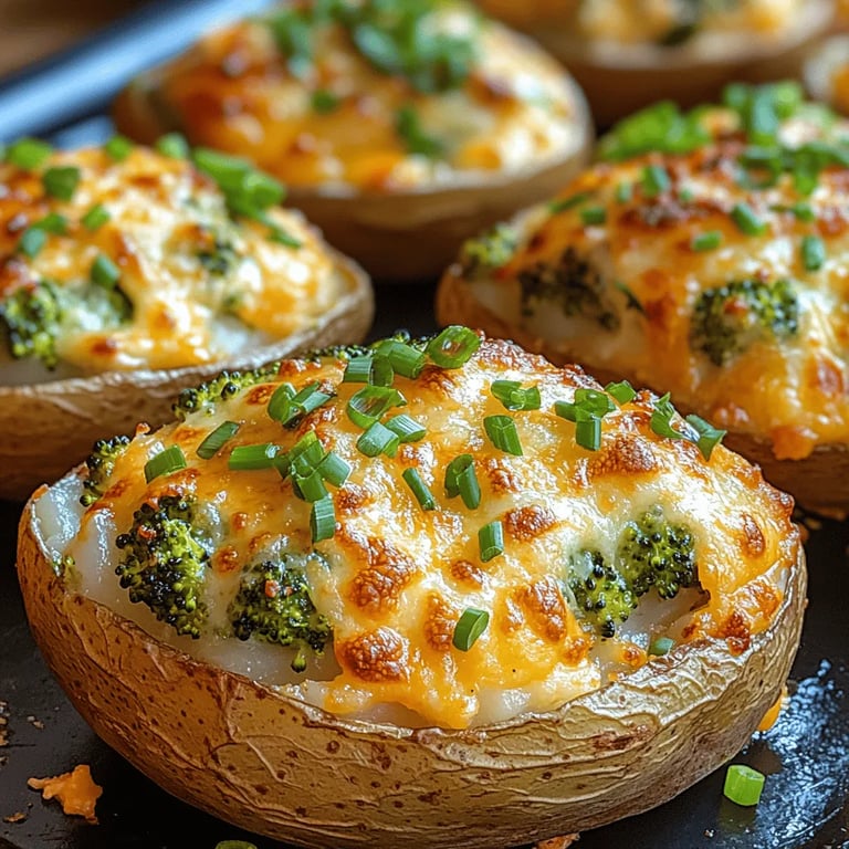 Cheesy Broccoli Bliss Baked Potatoes close up showing creamy cheese and crisp topping