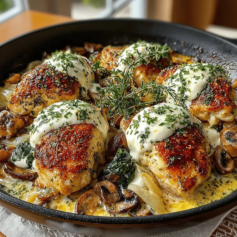 One‑Skillet Creamy Garlic Mushroom Chicken: Recipe Completion close up showing texture and detail